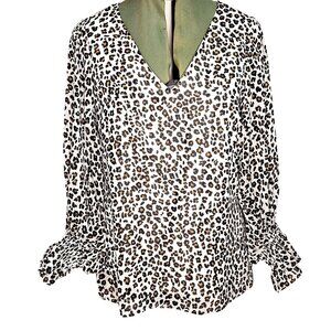 Woman's 1.Estate boho animalcore leopard print sheer V-neck  ruffle sleeve top S